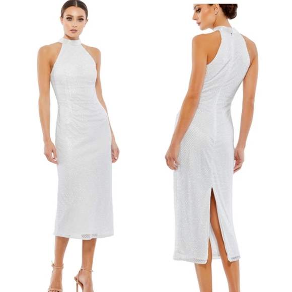 NWT Mac Duggal | White Hand Embellished Halter Neck Midi Dress - Picture 1 of 9